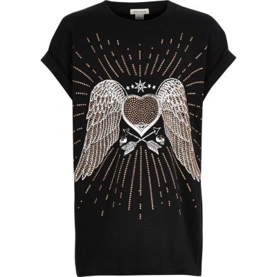 Girls black stud angel wings T-shirt